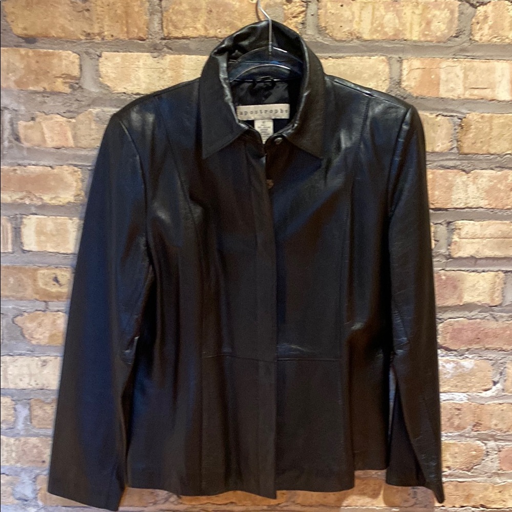 Apostrophe Black Leather Jacket with Notched Lapel